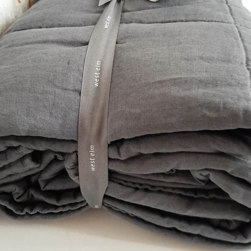 West Elm European Flax Linen Box Stitch Quilt Iron Blue